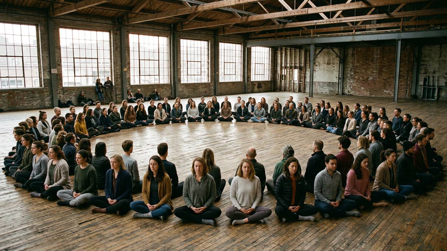Over 100 people practicing breathwork together in a large open studio